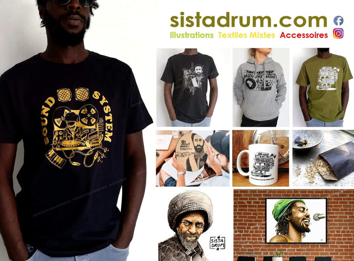 Textiles bio personnalisés sistadrum.com accessoires reggae argile céramique roots artistes portraits toile local biologique 