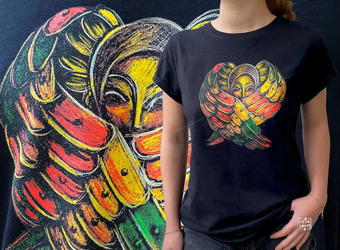 Tee shirt t shirt t-shirt noir t shirts noir personnalisé femme mixte biologiques Peta Coupe femme coupe cintré décontracté noir blanc sérigraphie artisanat sista drum sistadrum.com ange ethipie afrique africa rasta reggae 